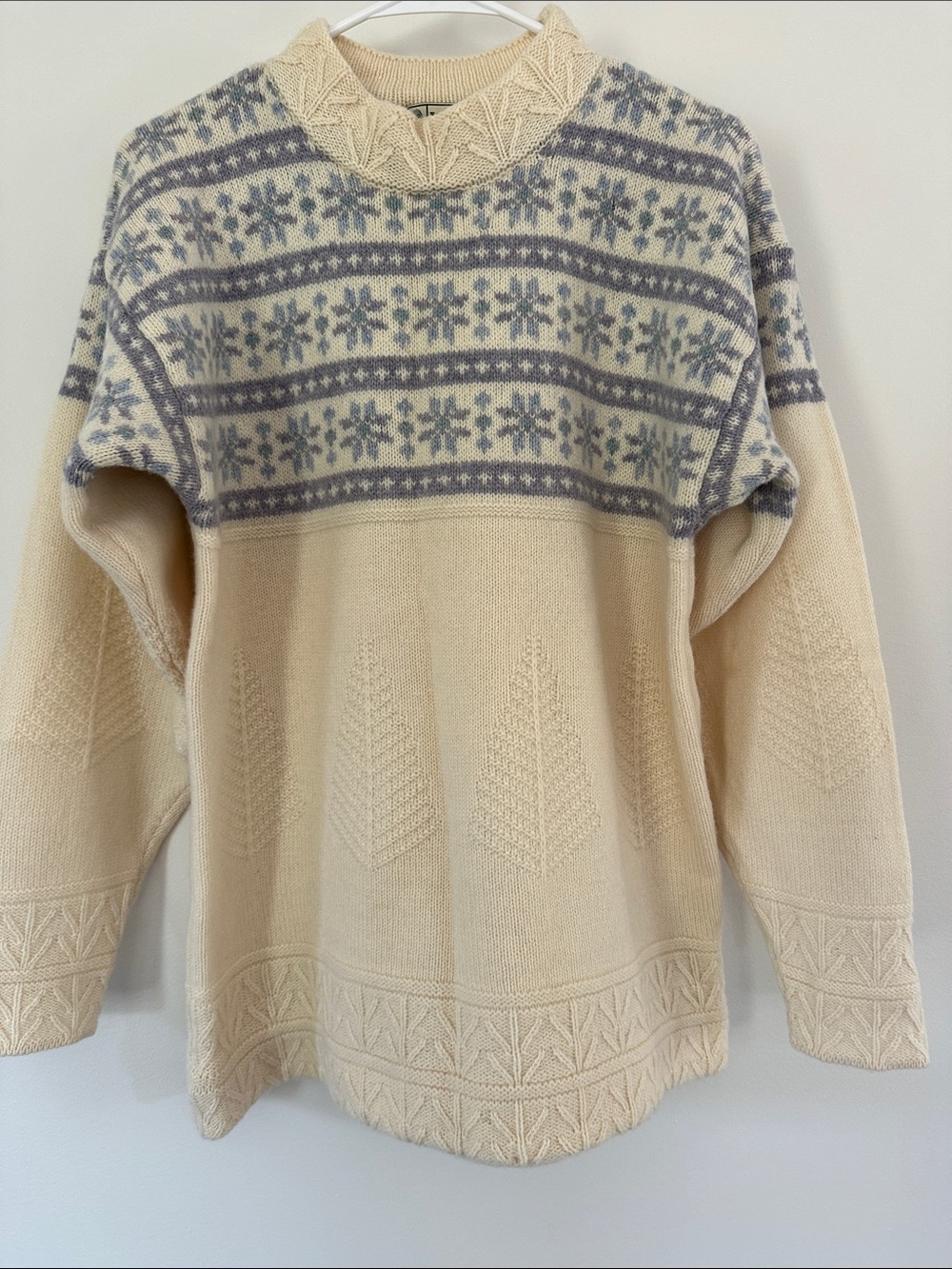 L.L. Bean Cream Crewneck Sweater with Blue Fair Isle Yoke